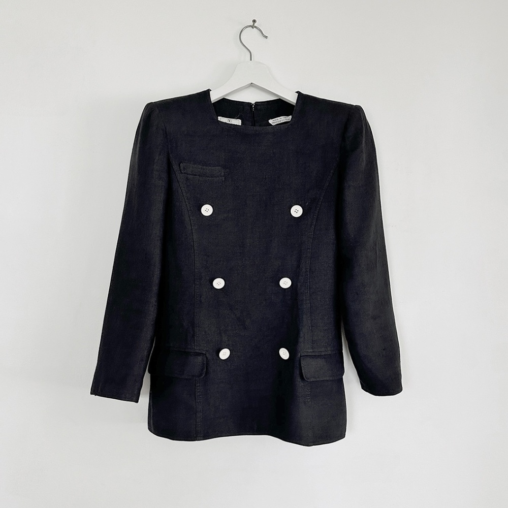 vintage Valentino navy blue linen top blouse jacket shirt sailor nautical 80s S